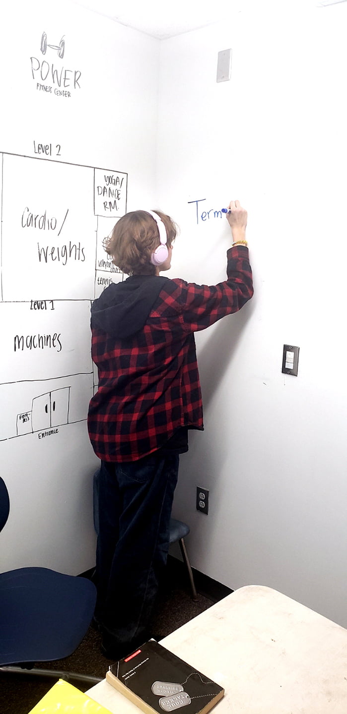 whiteboard wall focused female student