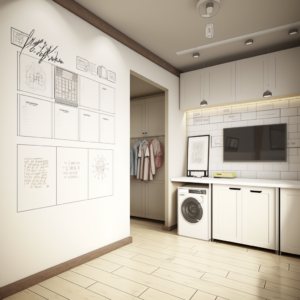 Laundry room with whiteboard calendar wall