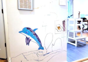 Fresh installed whiteboard wall submittled with white board paint review from Laura Cole featuring a big dry erase dolphin.