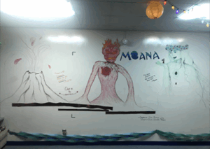 A newly finished white board paint surface submitted by Kristi Gruber from Minnesota with her review of ReMARKable whiteboard paint featuring a children's sketch from Disney's Moana.