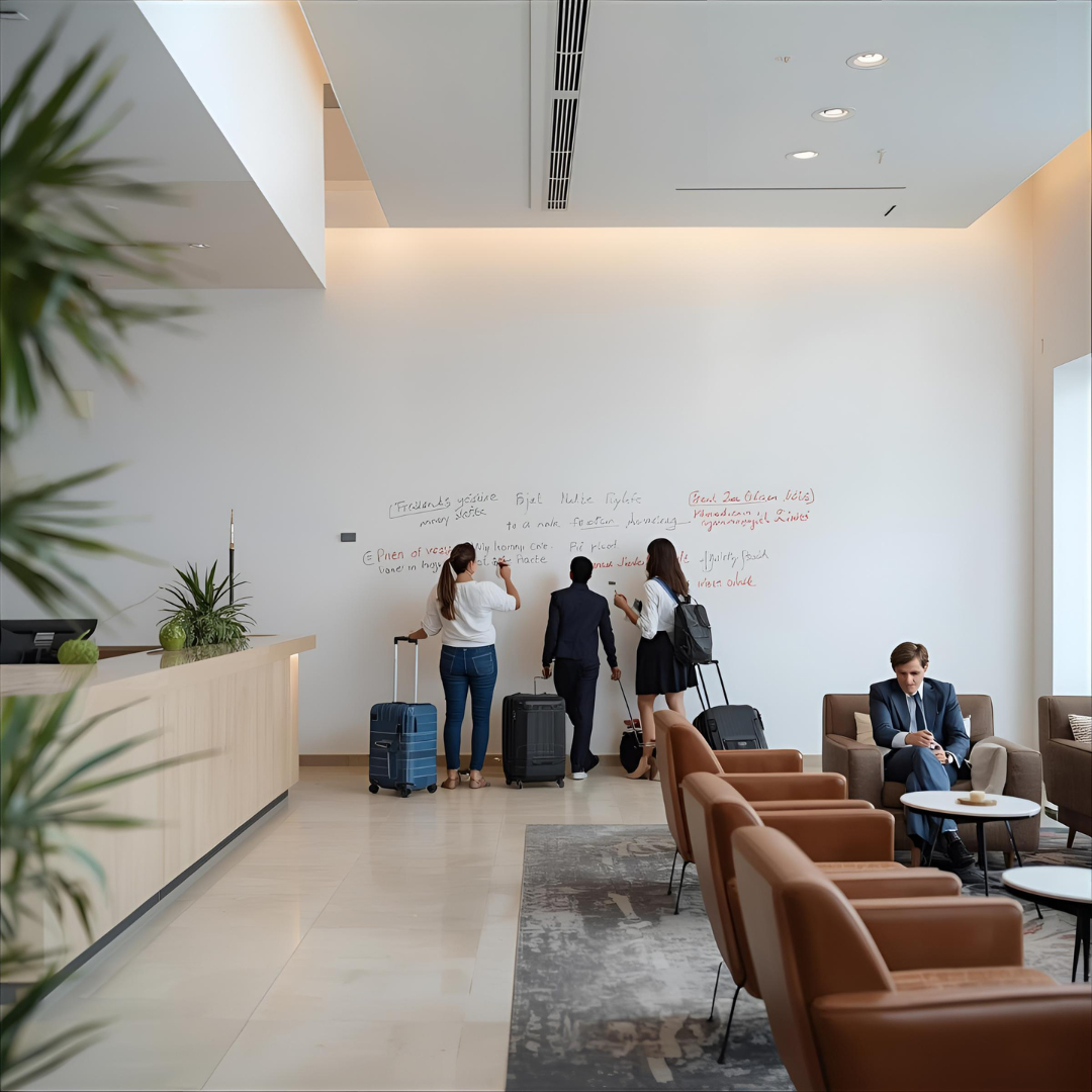 whiteboard painted wall in a hotel lobby