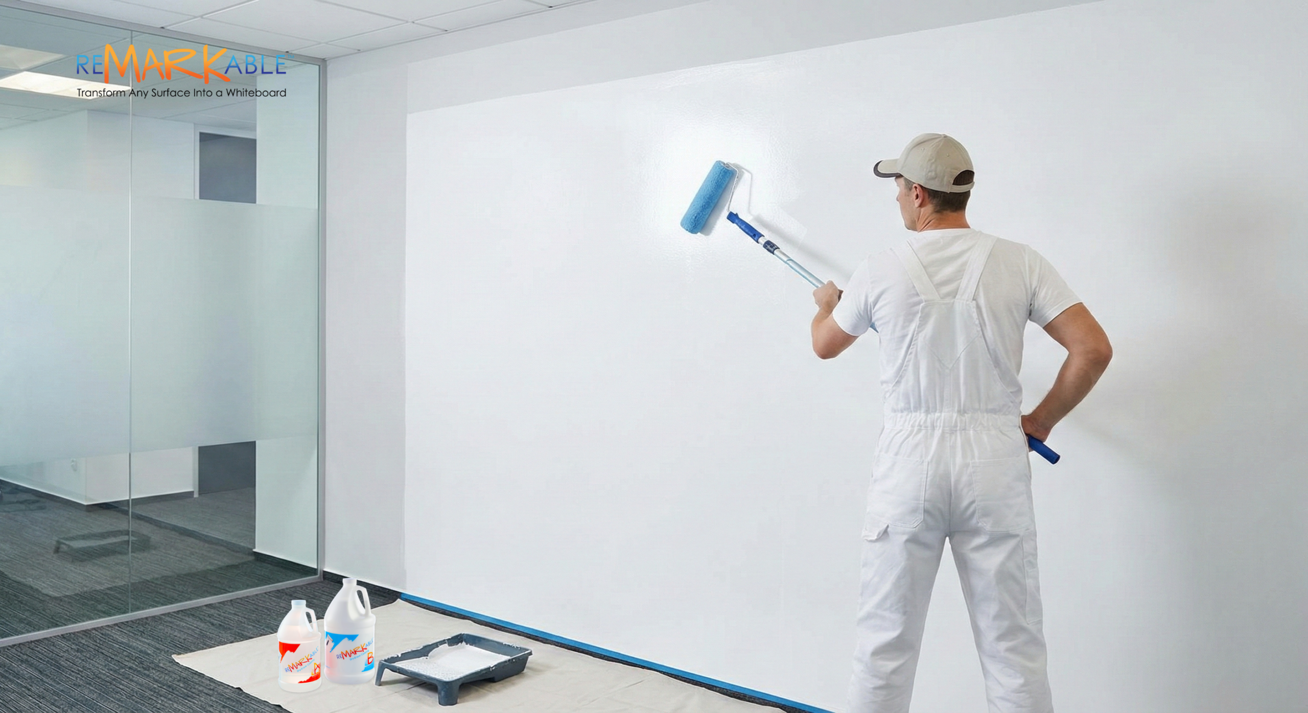 High-performance whiteboard paint application showing smooth finish