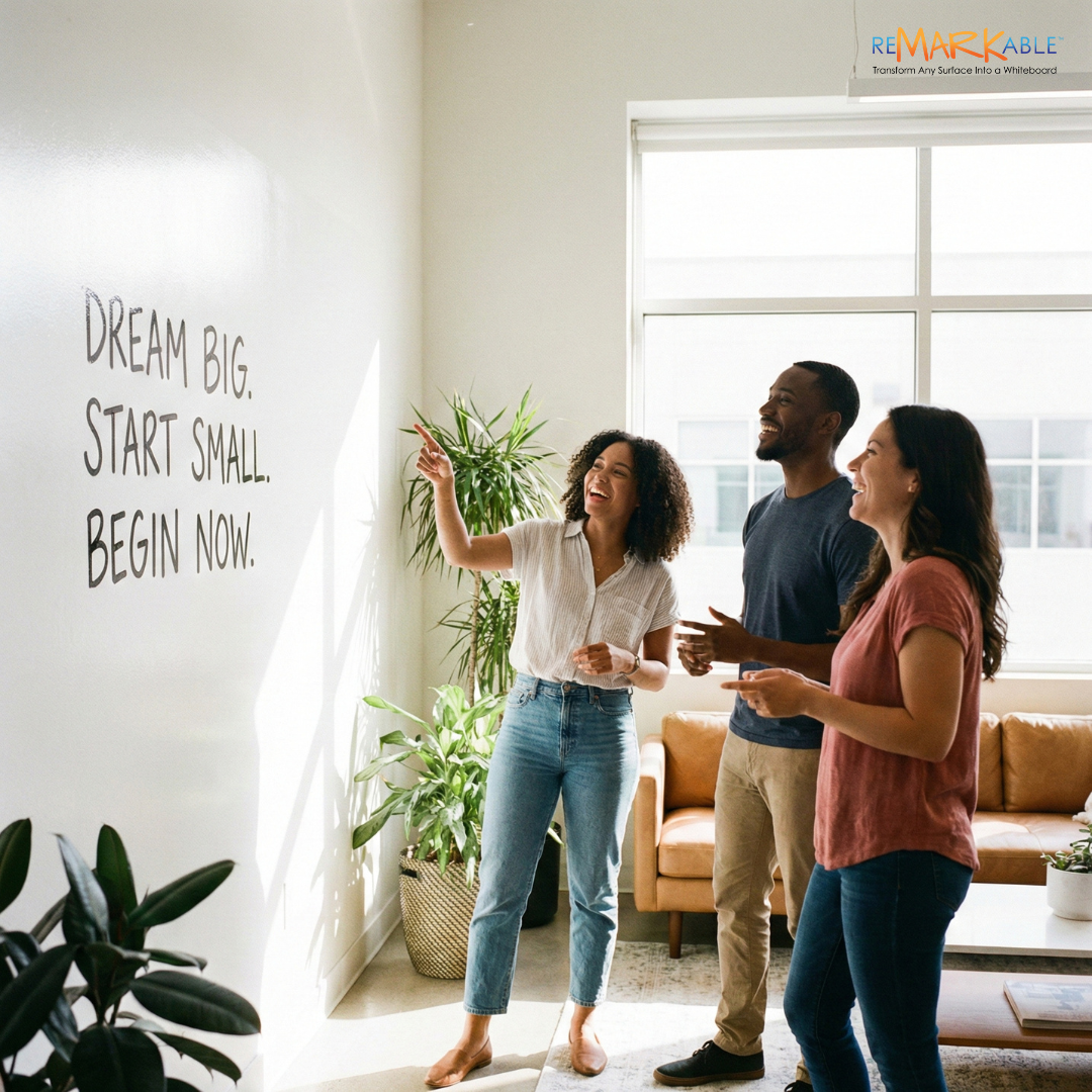 Office team collaborating around positive whiteboard wall quotes