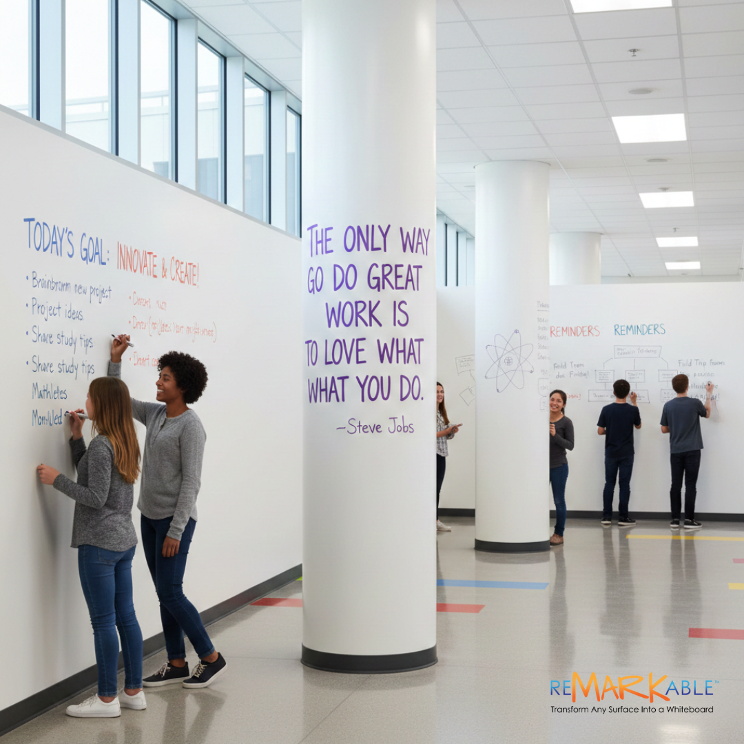 applying premium whiteboard paint to hallway walls and pillars